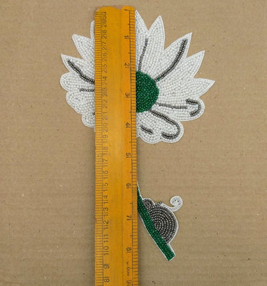 Hand Embroidered White and Green Floral Applique With Snail, Beaded Applique, 1 Piece